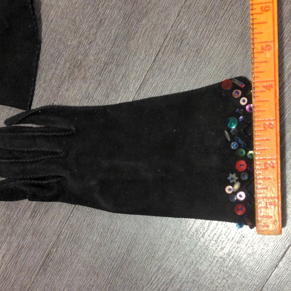 Black Suede Gloves Arm Sleeves Gauntlet Sequined Elegant 4pc Set Vintage SZ S - Picture 14 of 15